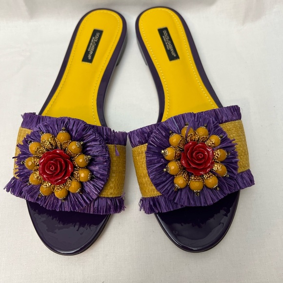 Dolce & Gabbana Shoes - Dolce & Gabbana Purple Yellow Red Embellished Slide Sandals